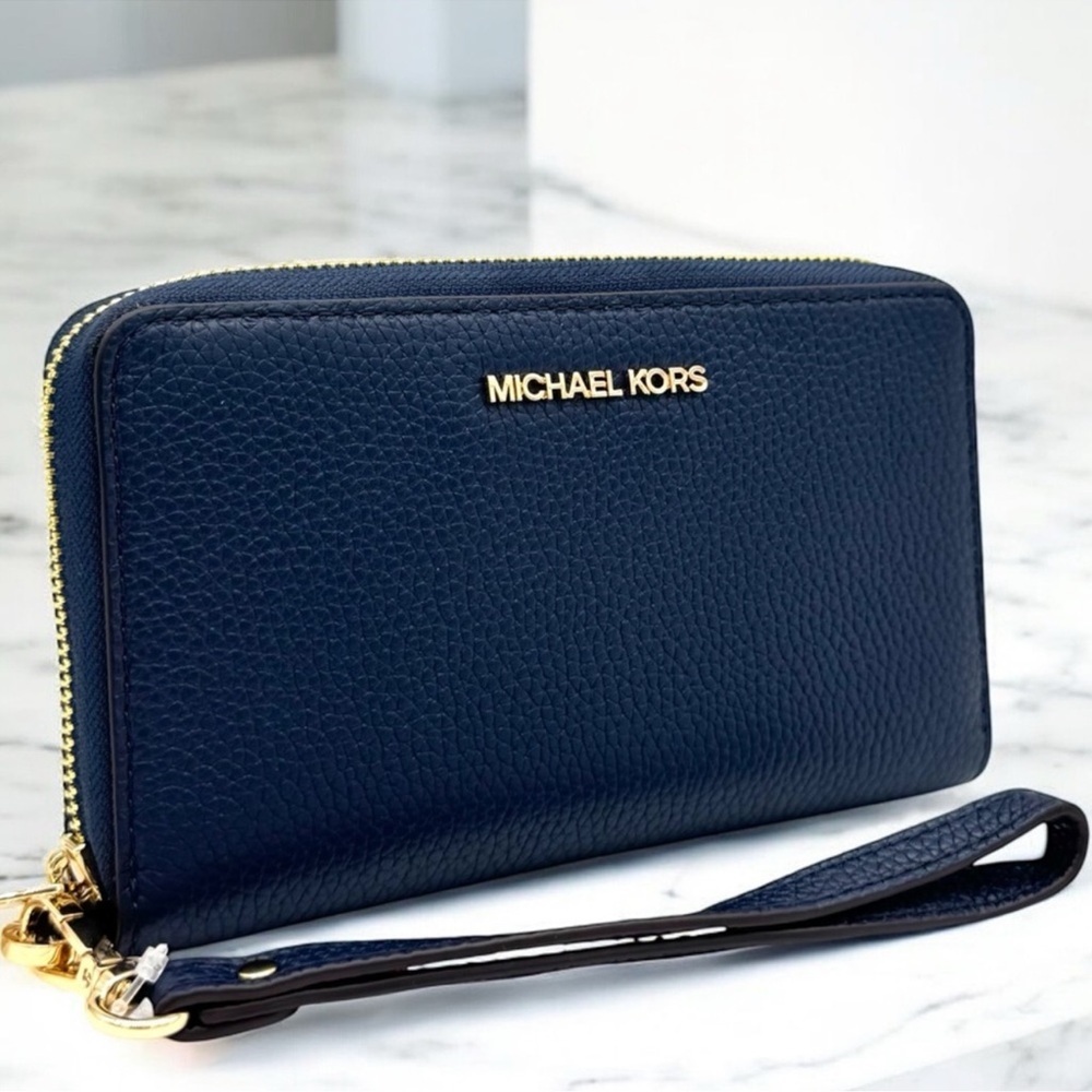 Michael Kors Large Jet Set Travel Flat MF Phone Case Wallet Navy Blue - Picture 3 of 8